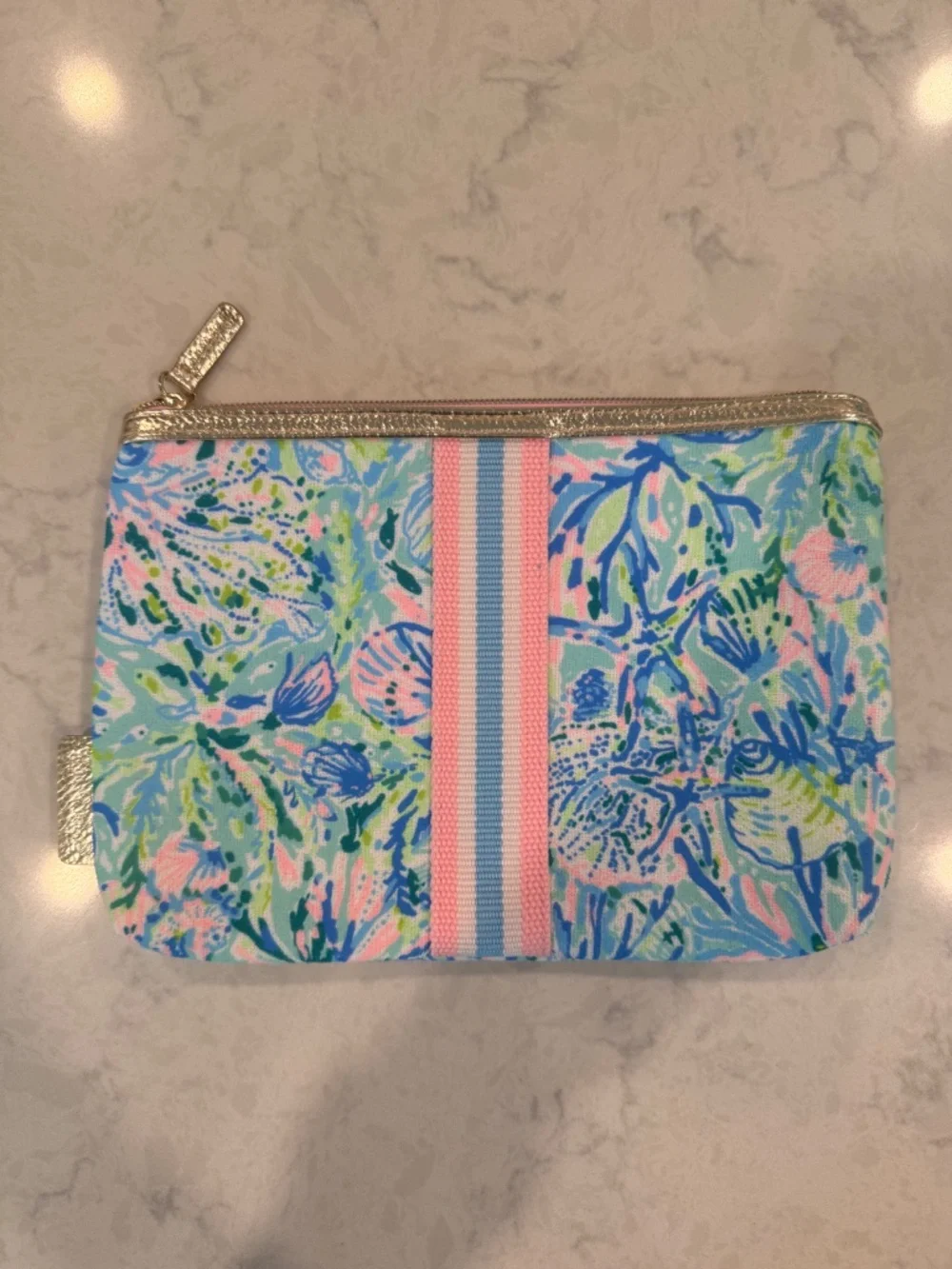 Lilly Pulitzer Colorful Floral Zip Pouch Gold Trim – NWOT